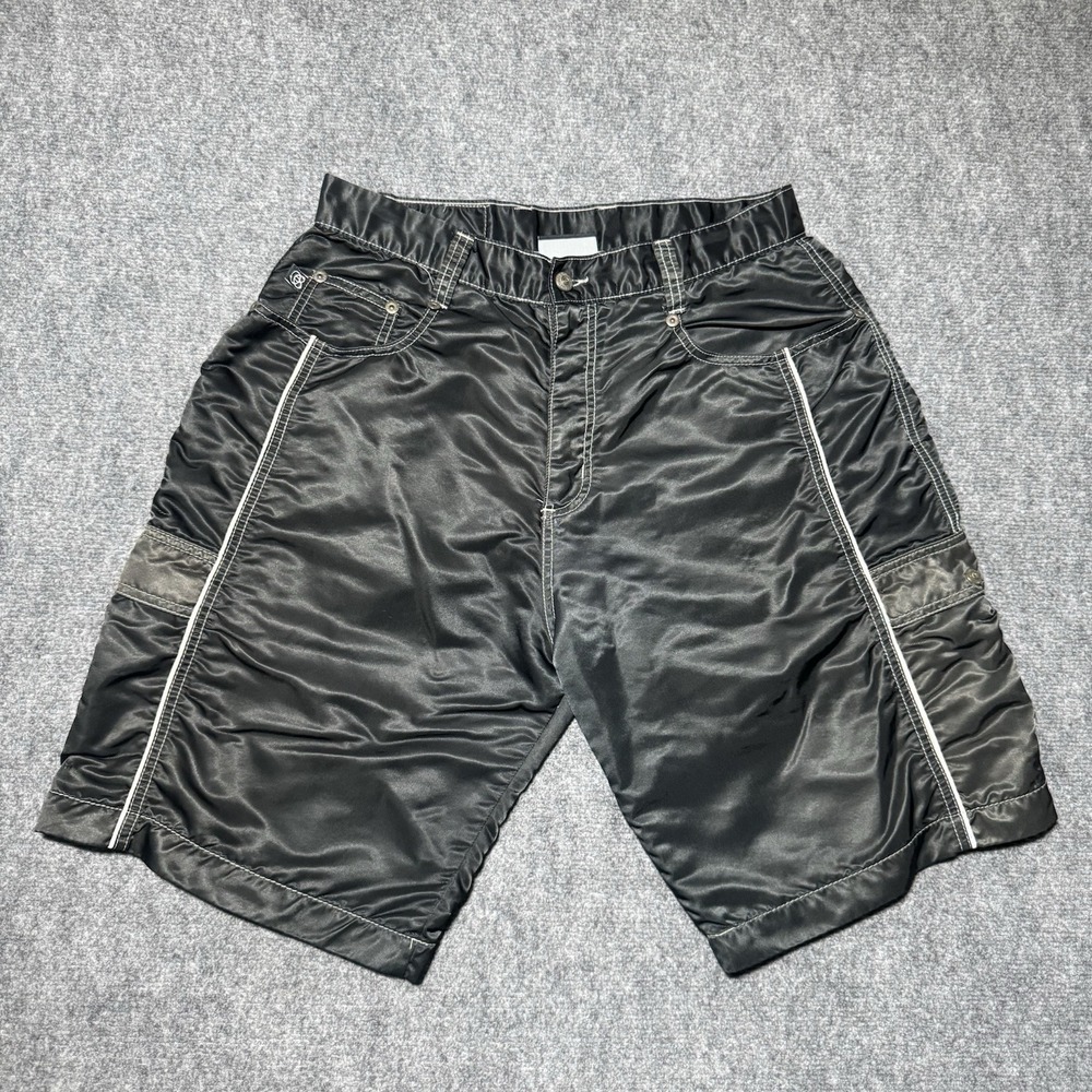 VTG Kikwear Skater Rave Satin Nylon Cargo Shorts 32 Made In USA Black Worn